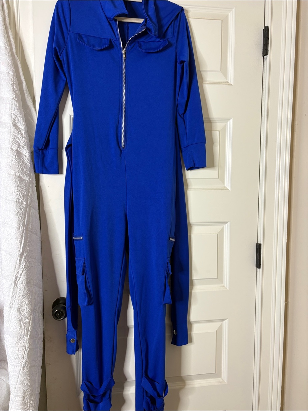 Women’s Royal Blue Hooded Jumpsuit Cargo Utility One Piece Zip Front